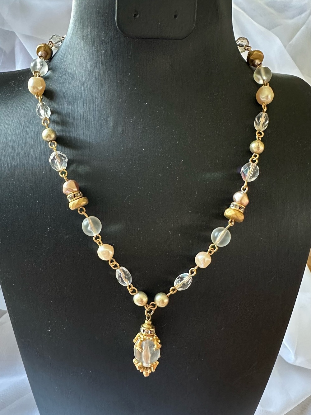 Gold-Tone Beaded Pendant Necklace in Gold and Clear